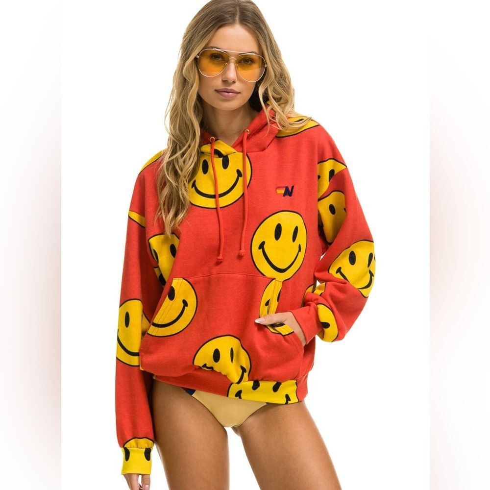 NWT Aviator Nation Red Smiley Repeat Hoodie and sweatpants Set - Picture 2 of 10